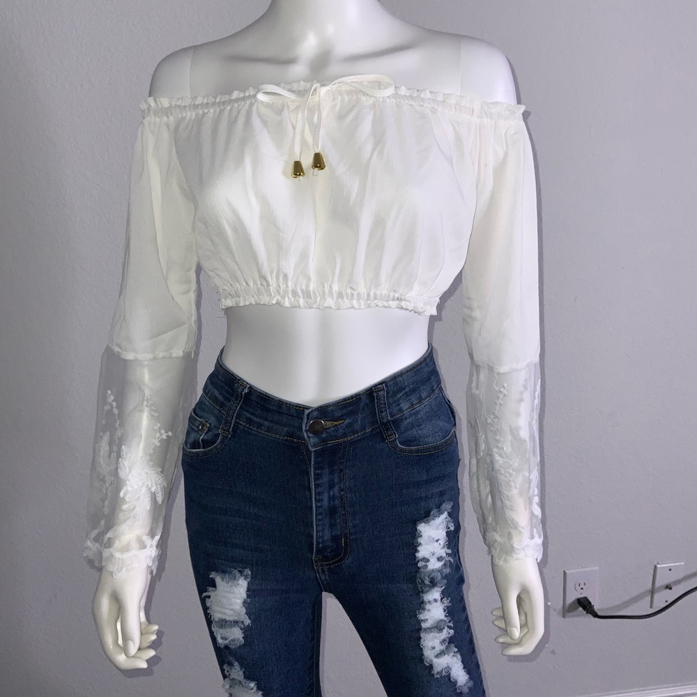 Long Sleeve Crop Top with Mesh Floral Design